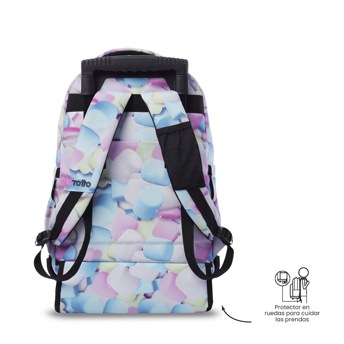 Mochila con ruedas Renglón Glitter Malvaviscos Rosada