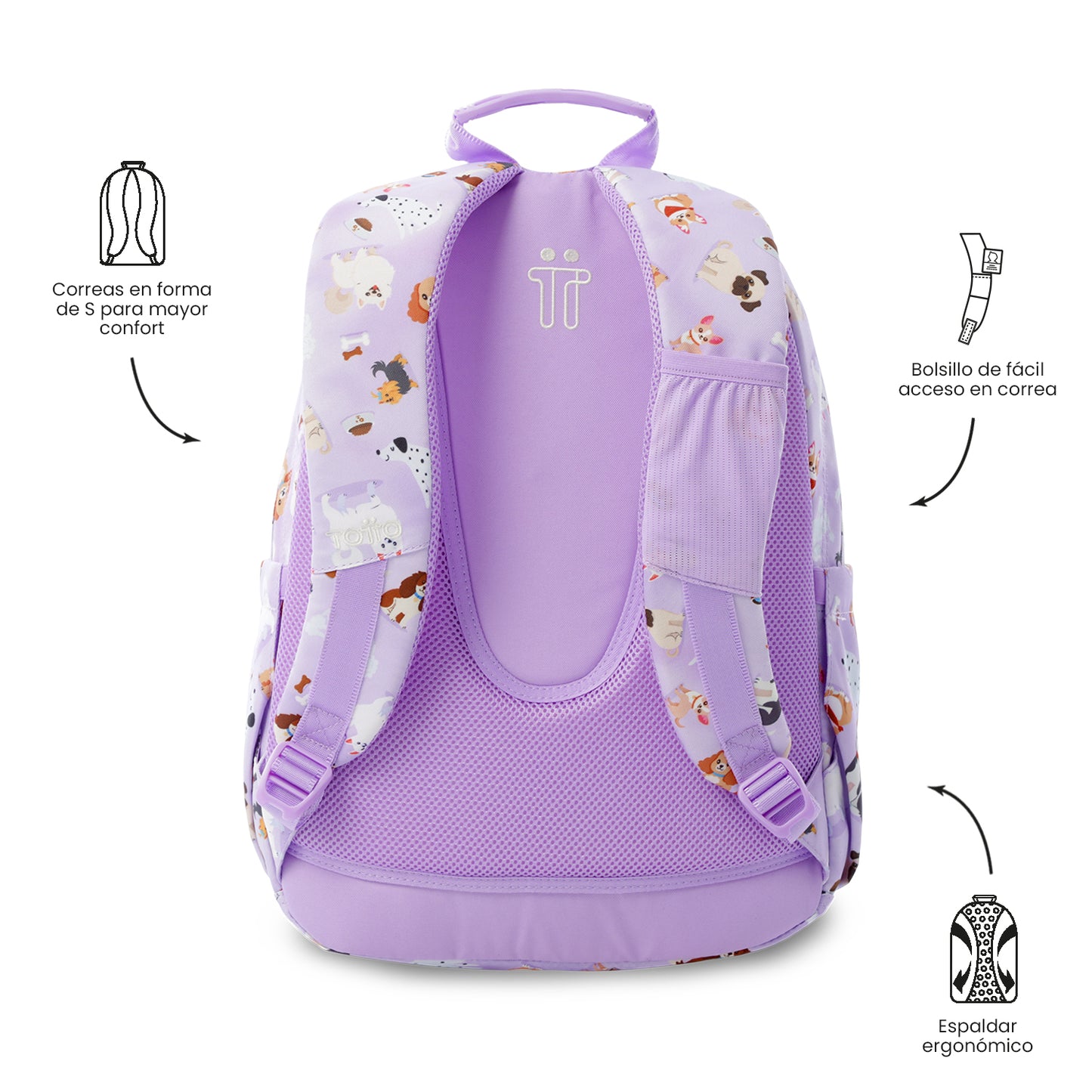 Mochila Juvenil Porta PC 14" Acuarela Perritos Lila