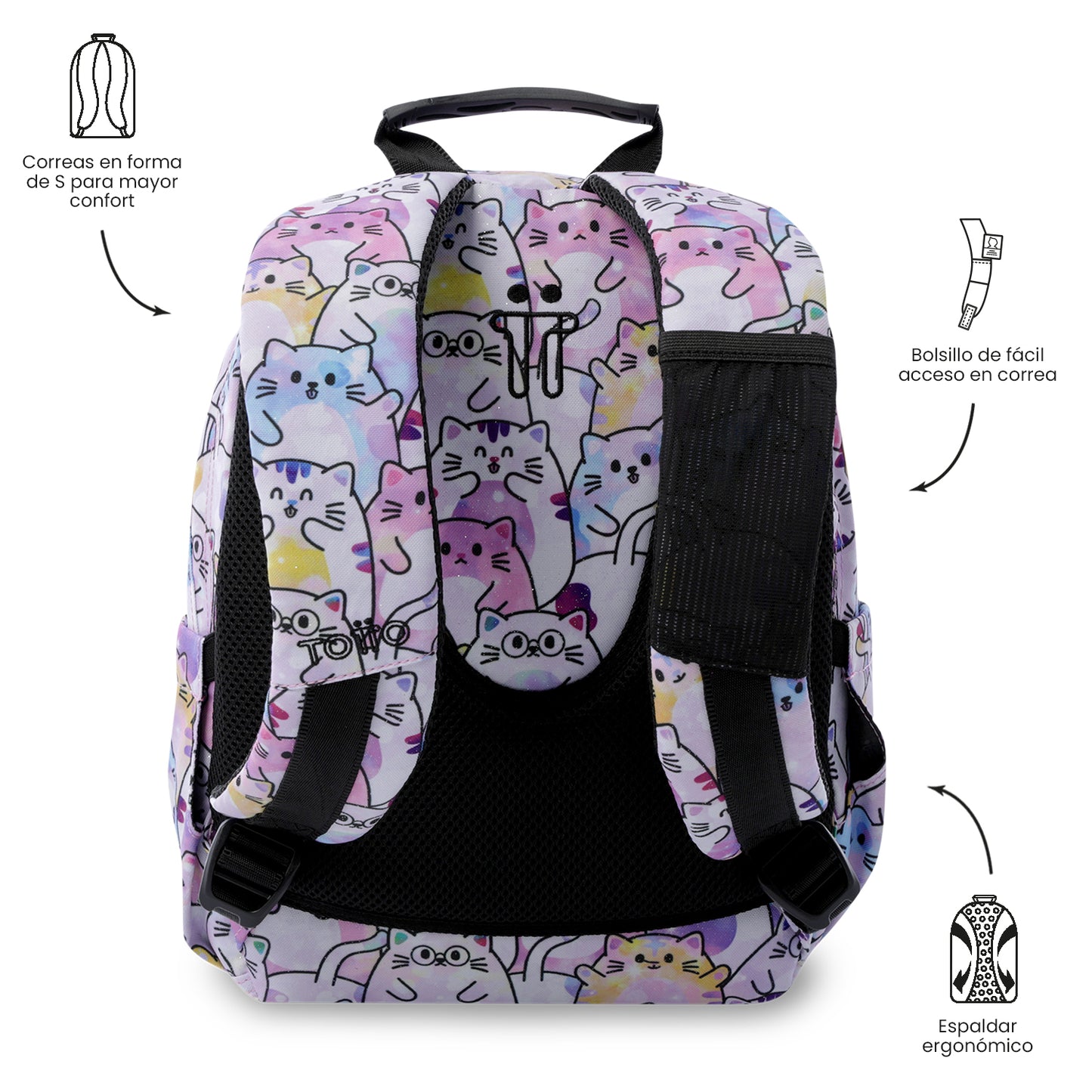 Mochila Juvenil Tempera Glitter Gatitos Pequeña Rosada