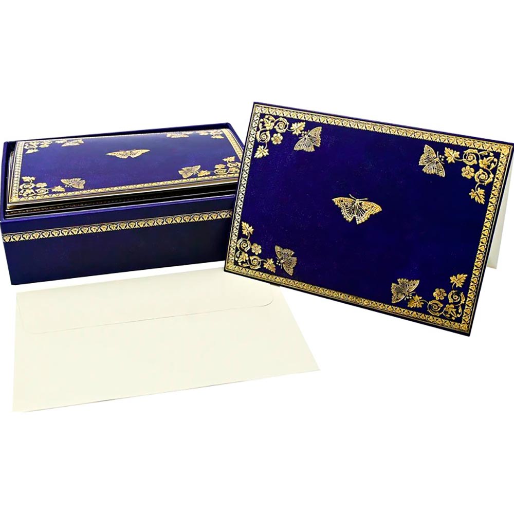 Caja Tarjetas y Sobres Mariposa Azul Dorado