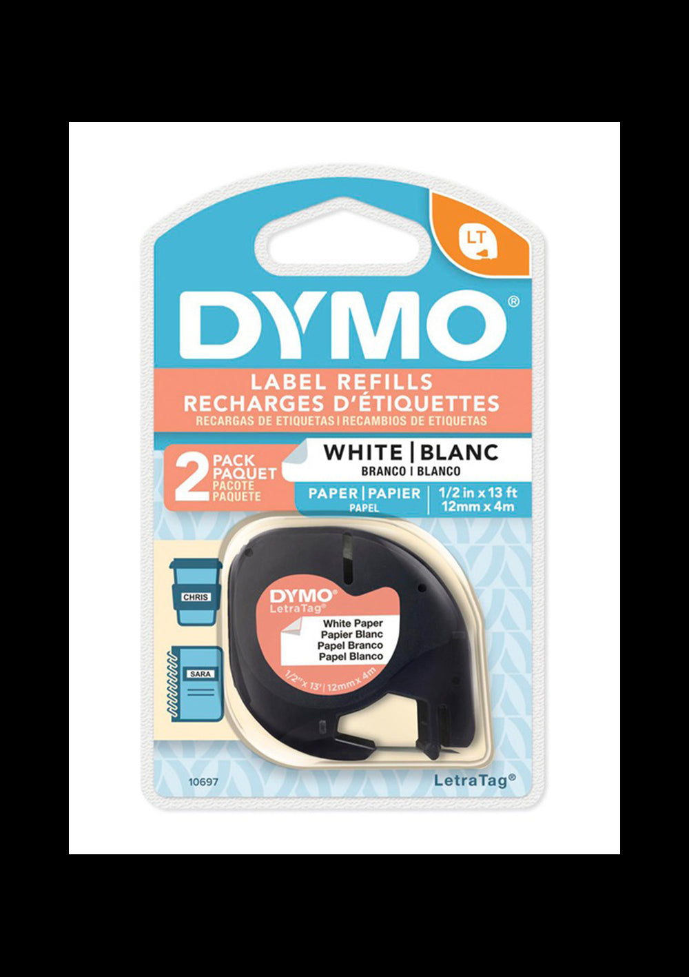 Cinta LT Dymo de Papel Negro sobre Blanco 2 Unidades 12mm x 4mt