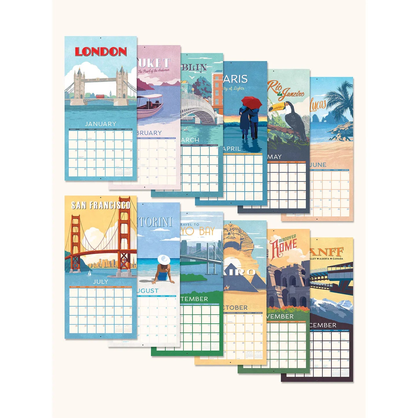 Calendario 2024 Retro Travel Posters 12 Meses