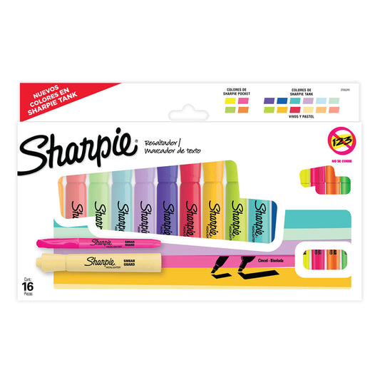 Pack Destacadores Sharpie Tank y Pocket Caja x 16 Colores Pastel +Fashion