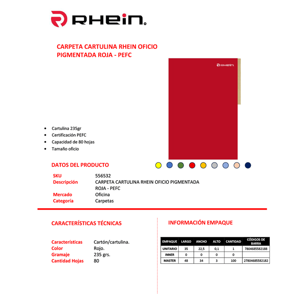 Carpeta Cartulina Pigmentada Oficio Roja  Rhein