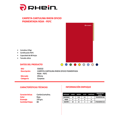 Carpeta Cartulina Pigmentada Oficio Roja  Rhein