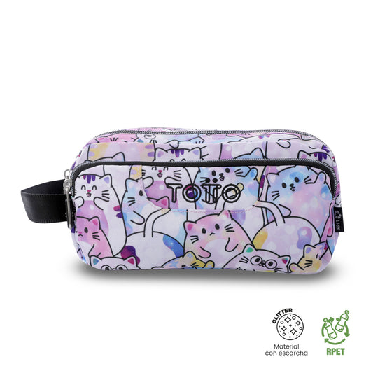 Estuche Multiuso Agapec Glitter Gatitos Rosado Grande