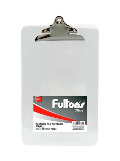 Anotador plástico transparente con apretador metal oficio Fultons
