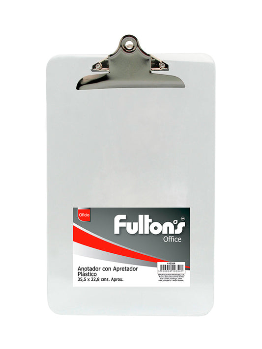 Anotador plástico transparente con apretador metal oficio Fultons