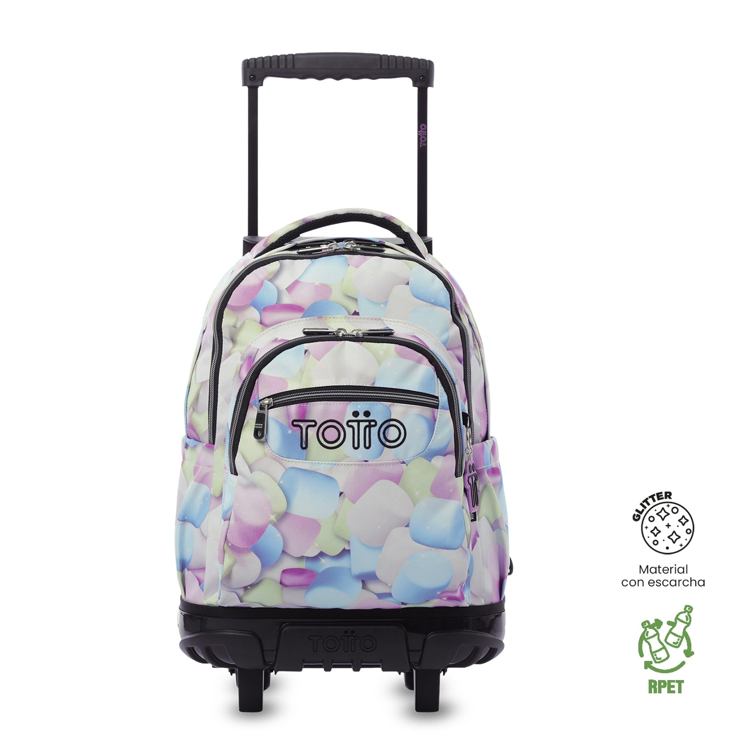 Mochila con ruedas Renglón Glitter Malvaviscos Rosada