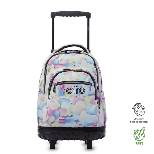 Mochila con ruedas Renglón Glitter Malvaviscos Rosada