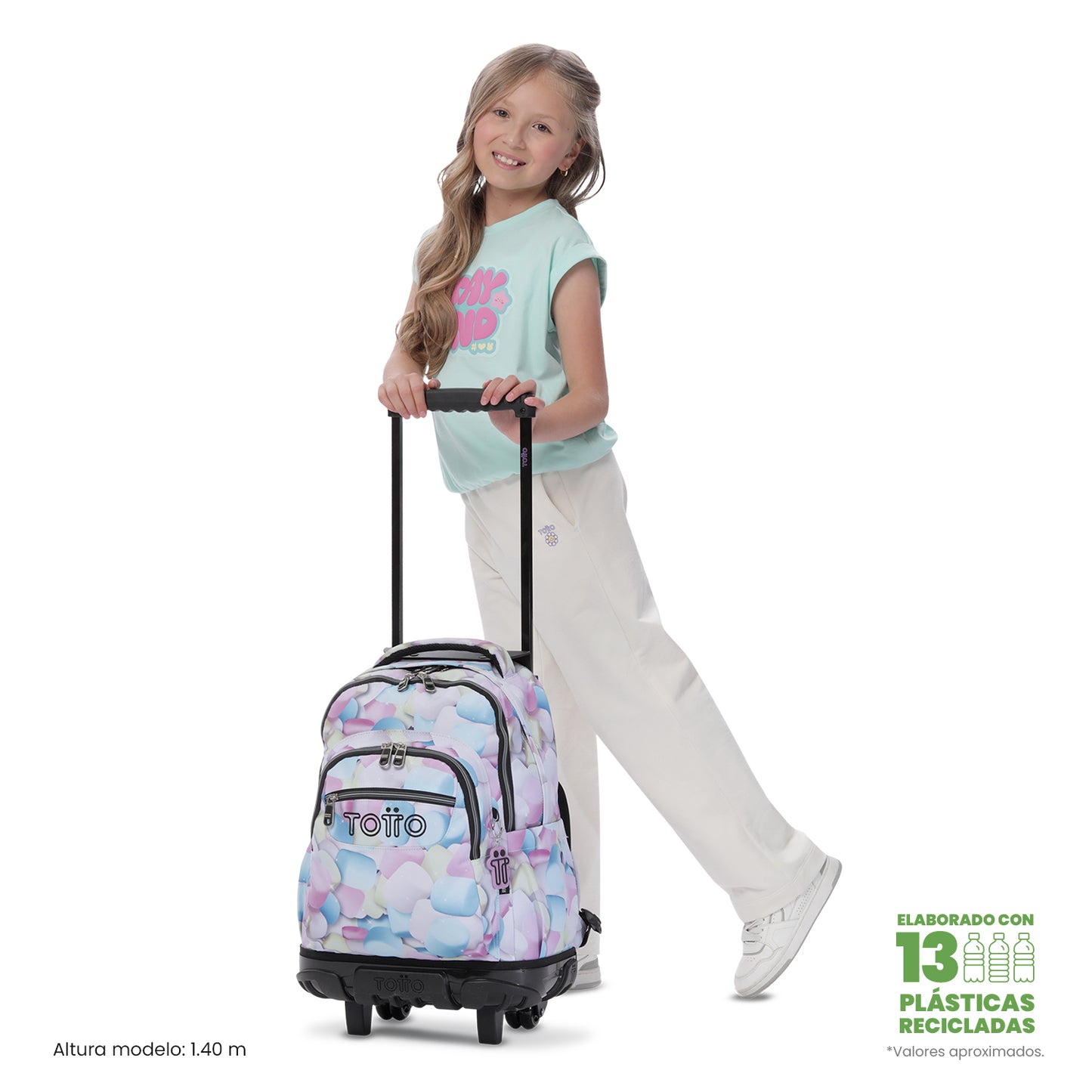 Mochila con ruedas Renglón Glitter Malvaviscos Rosada