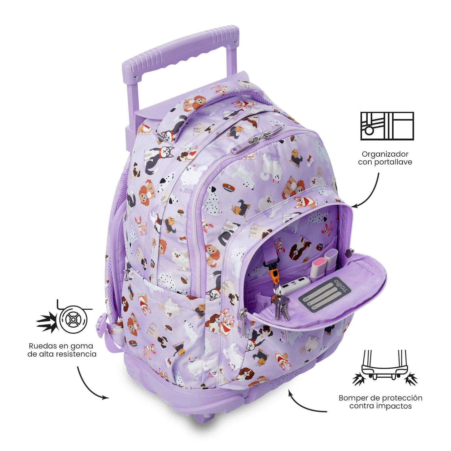 Mochila con ruedas Renglón Perritos Lila