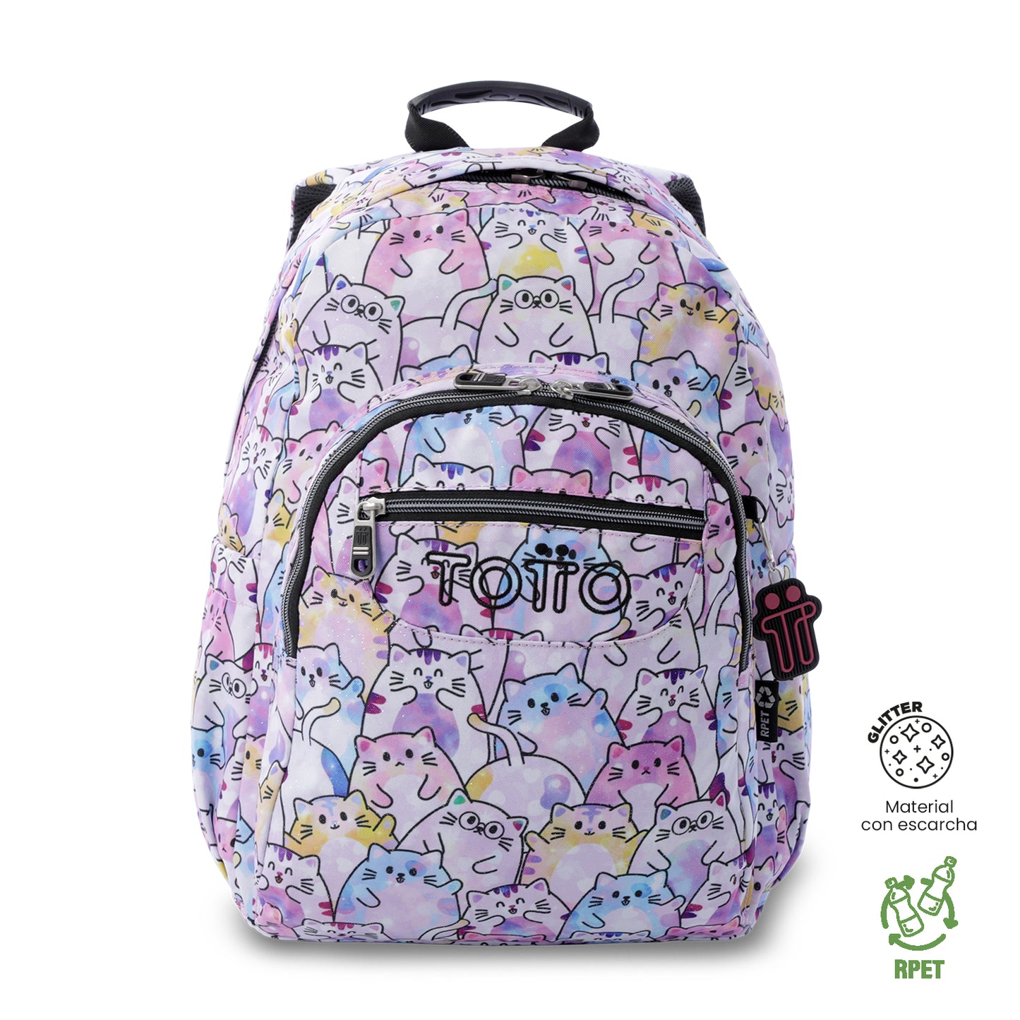 Mochila Juvenil Porta PC 14" Acuarela Glitter Gatitos Rosada