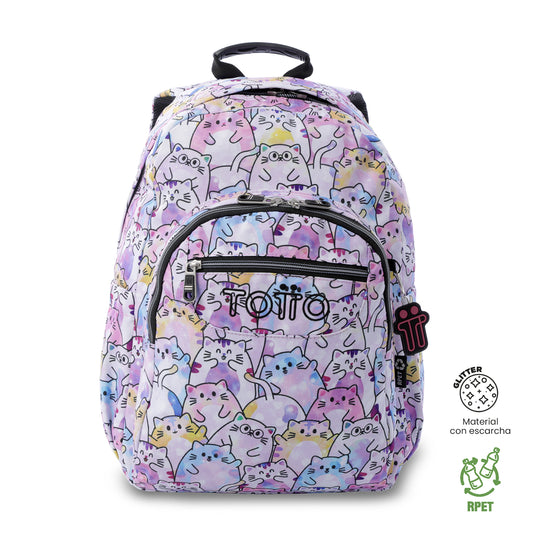 Mochila Juvenil Porta PC 14" Acuarela Glitter Gatitos Rosada