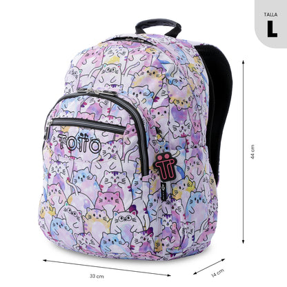 Mochila Juvenil Porta PC 14" Acuarela Glitter Gatitos Rosada