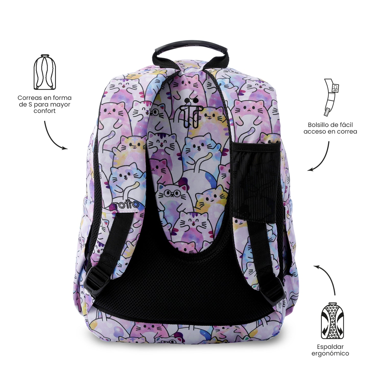 Mochila Juvenil Porta PC 14" Acuarela Glitter Gatitos Rosada