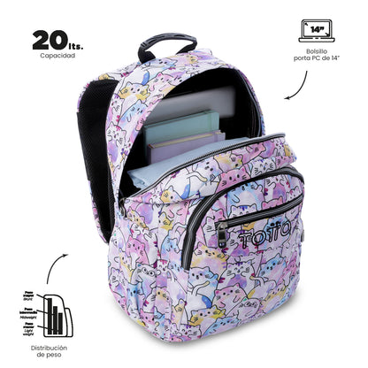 Mochila Juvenil Porta PC 14" Acuarela Glitter Gatitos Rosada
