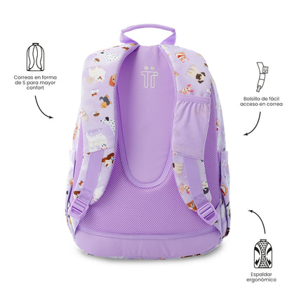 Mochila Juvenil Porta PC 14" Acuarela Perritos Lila