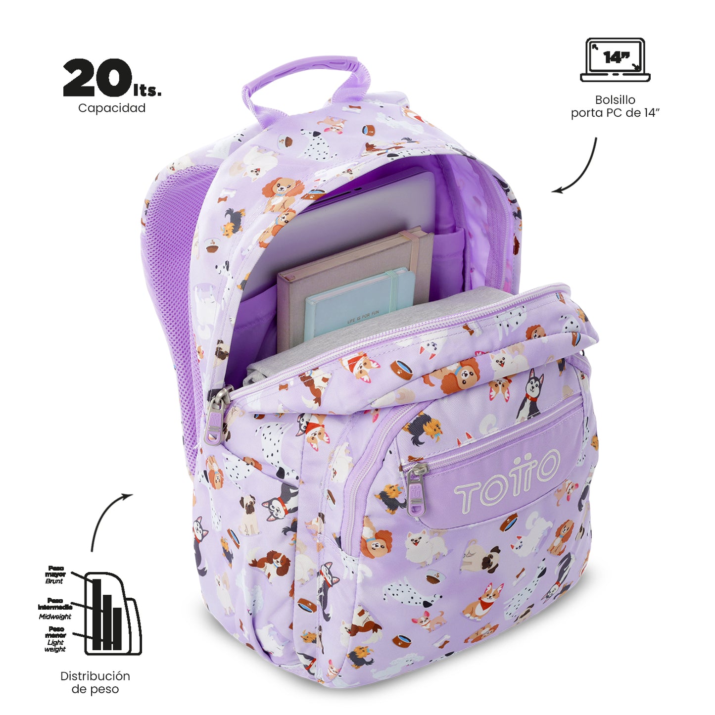 Mochila Juvenil Porta PC 14" Acuarela Perritos Lila