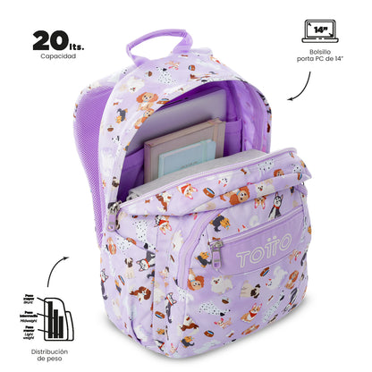 Mochila Juvenil Porta PC 14" Acuarela Perritos Lila