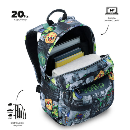 Mochila Juvenil Porta PC 14" Acuarela Dinosaurios