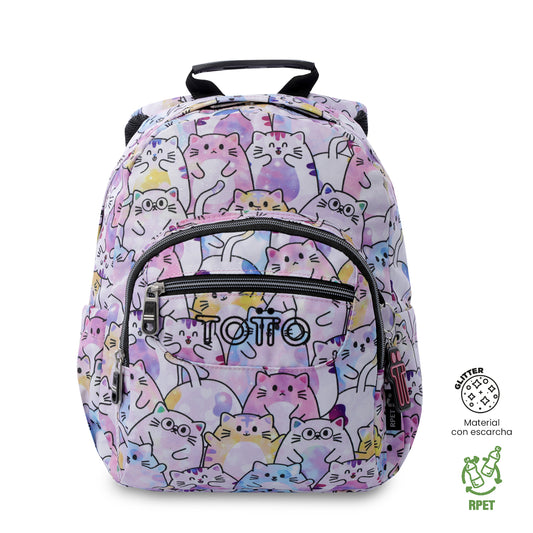 Mochila Juvenil Tempera Glitter Gatitos Pequeña Rosada