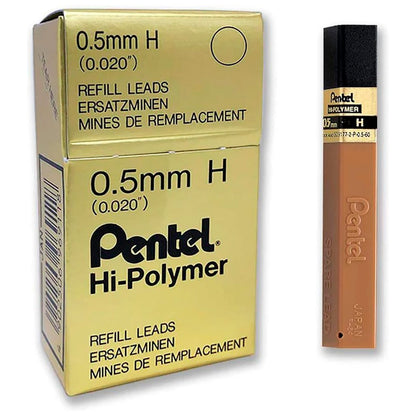 Minas de lápiz Pentel de 0.5mm, H, polímero, caja de 12 tubos