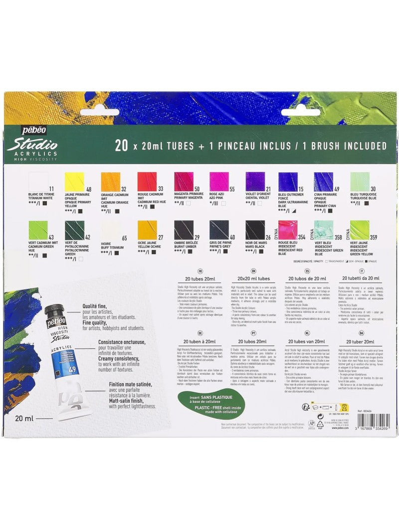 Acrílico Pebeo Studio Set 20 Colores 20ml + Pincel