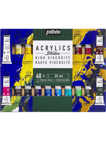 Acrílico Pebeo Studio Set 40 Colores 20ml + Pincel