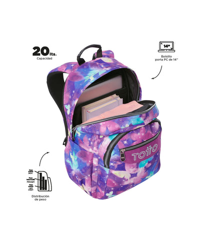 Mochila Juvenil Porta PC 14" Acuarela Violeta Mariposas Glitter