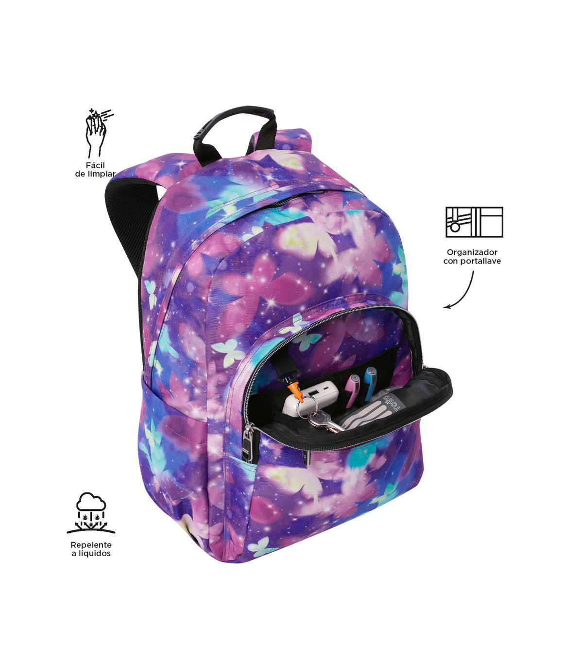 Mochila Juvenil Porta PC 14" Acuarela Violeta Mariposas Glitter