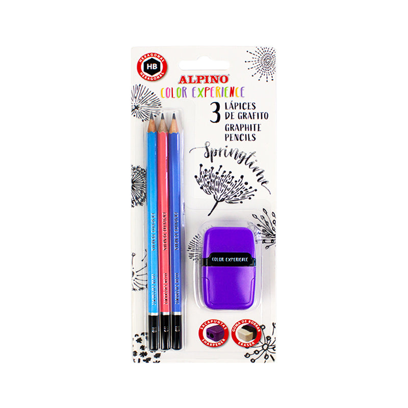Alpino Color Experience 3 Lápices de Grafito + Sacapuntas con depósito y Goma de Borrar