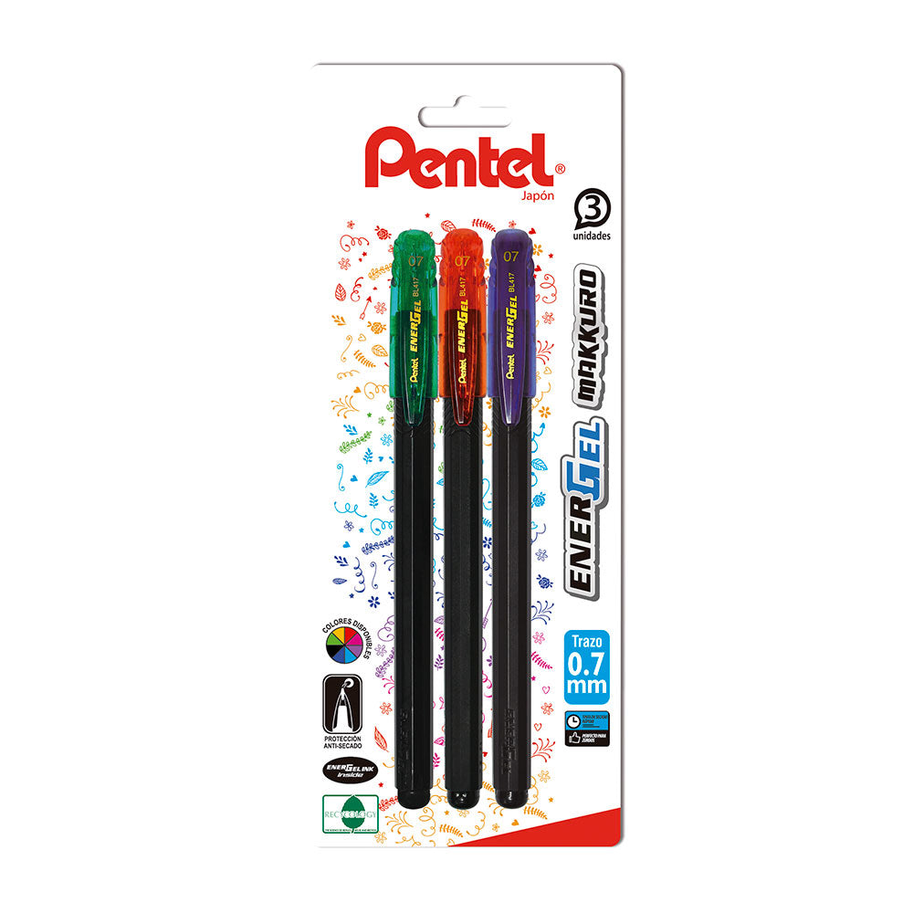 Set 3 Bolígrafo Roller Gel Makkuro 0.7mm Verde Rojo y Azul